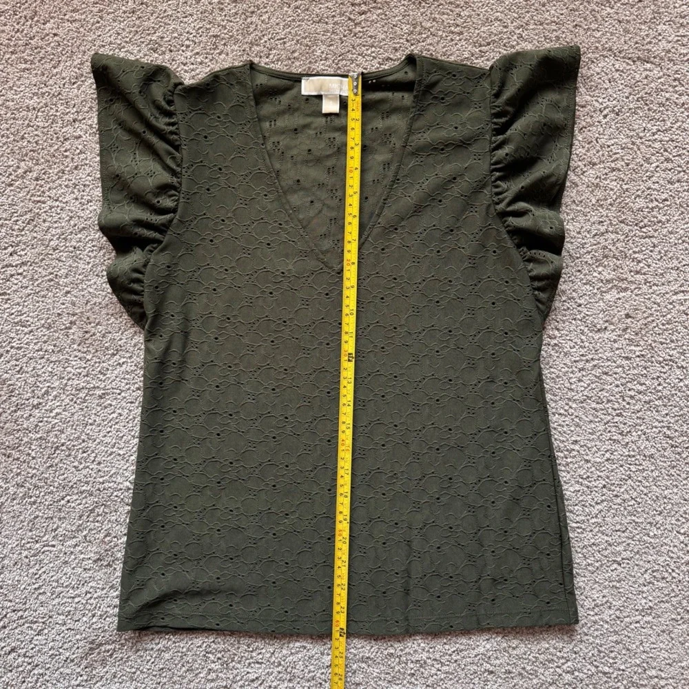 Michael Kors Womens Small Olive Green Eyelet Ruffle Cap Sleeve V-Neck Top